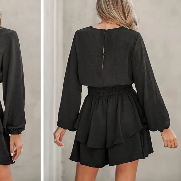 Cupshe Black Long Sleeve Skirted Romper, size Medium - Picture 2 of 5